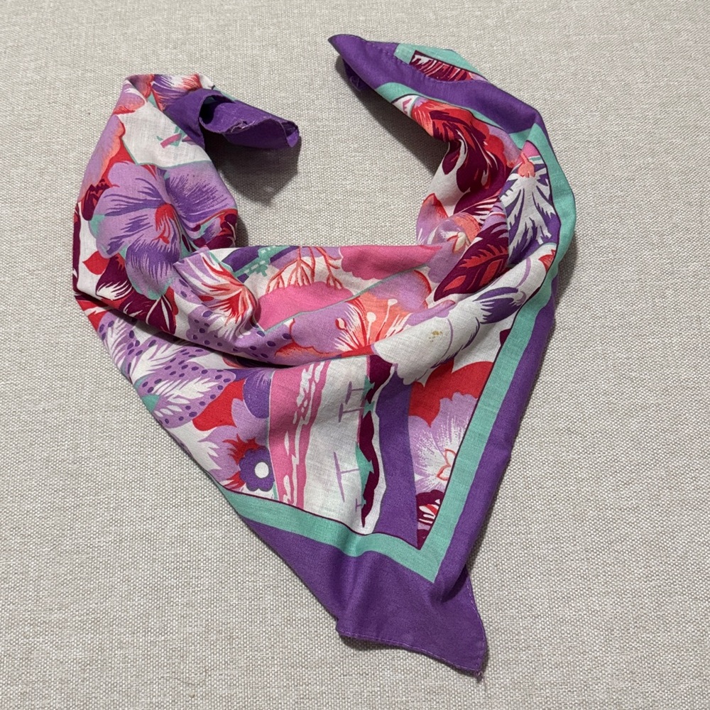 Vintage Cotton Blend Tropical Print Scarf-21x22-Purple/Pink/Turquoise - Picture 4 of 11